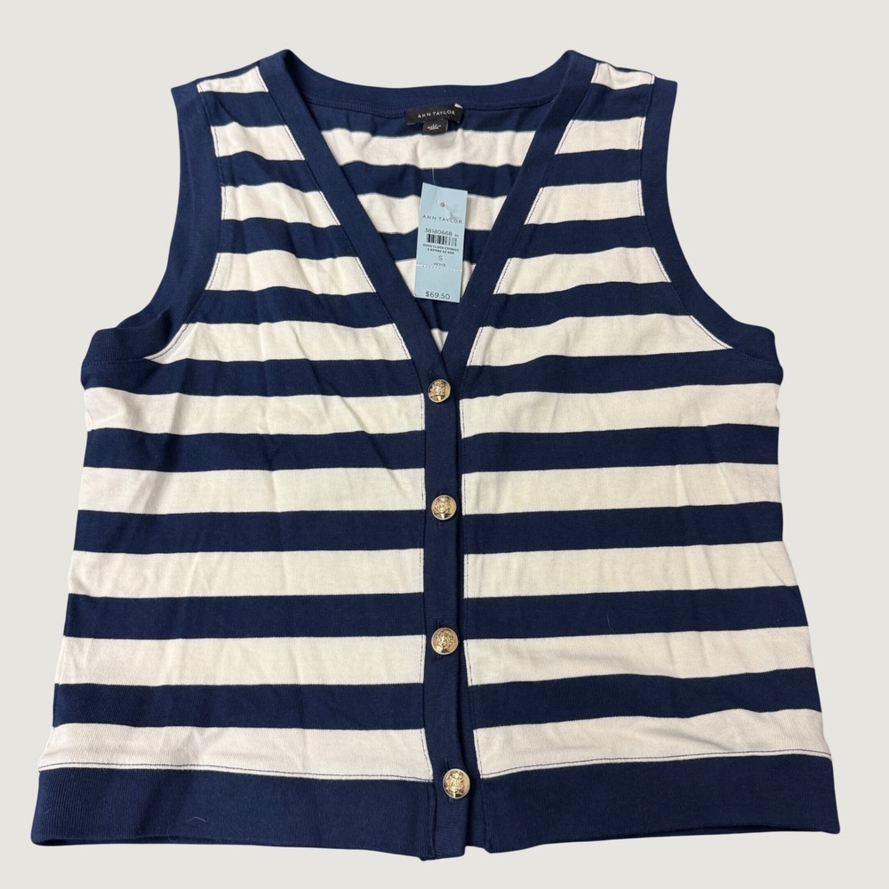 Ann Taylor Striped Cardigan Vest Navy White Gold Button Petite S 38180668 NEW